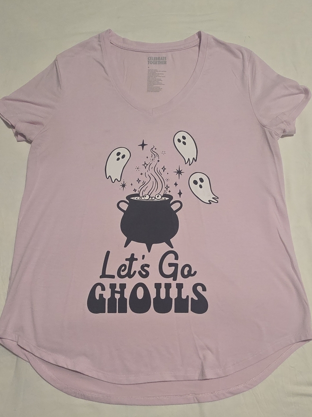 Celebrate Together Ghost Graphic Halloween Knit V-Neck Tee Light Pink Women's S